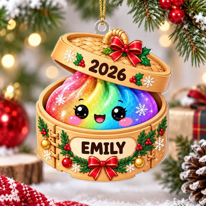 Personalized Glitter Dumpling Acrylic Ornament, Custom Name Steamer Basket Keepsake, Cute Food Xmas Tree Decor