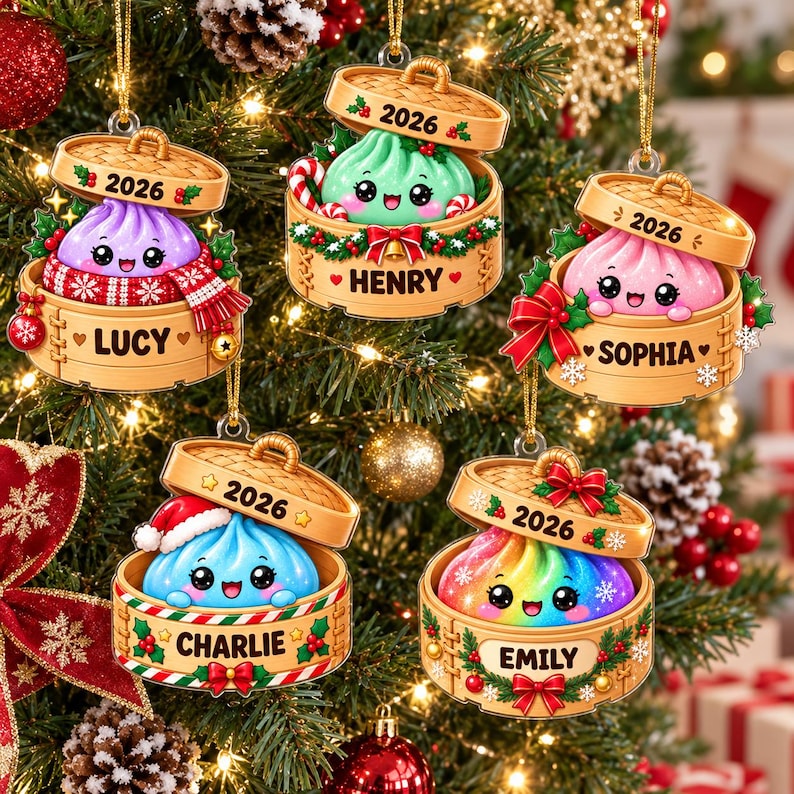 Personalized Glitter Dumpling Acrylic Ornament, Custom Name Steamer Basket Keepsake, Cute Food Xmas Tree Decor