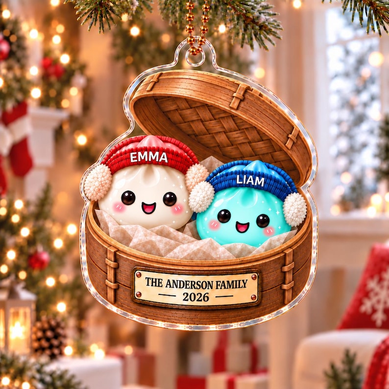 Personalized Dumpling Family Ornament, Custom Name Glittter Dumpling Ornament, Squishy Ornament