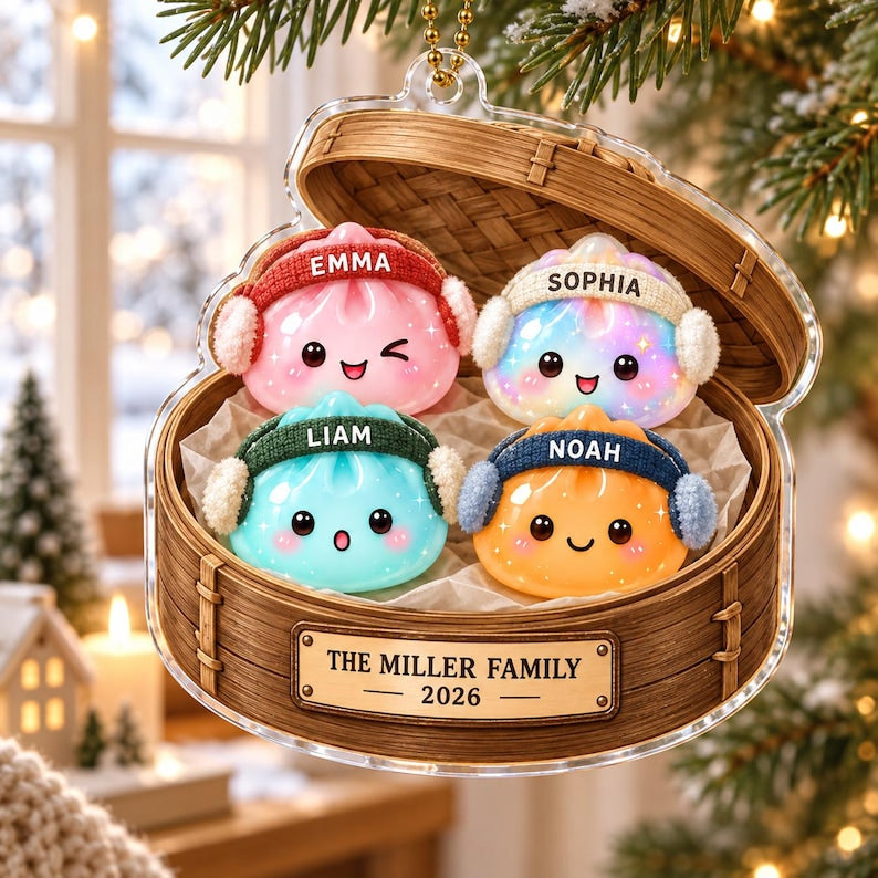 Personalized Dumpling Family Ornament, Custom Name Glittter Dumpling Ornament, Squishy Ornament