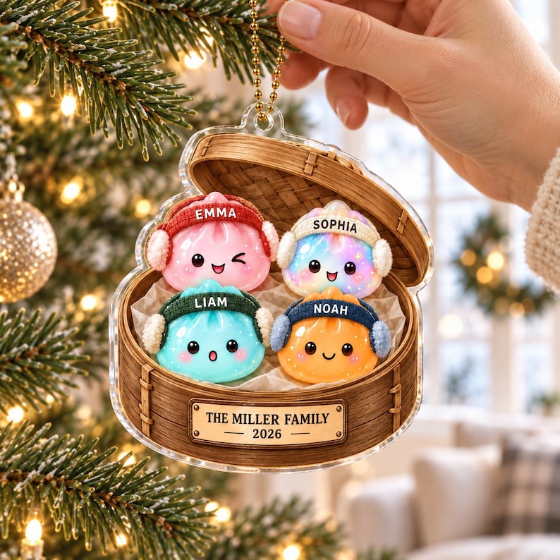 Personalized Dumpling Family Ornament, Custom Name Glittter Dumpling Ornament, Squishy Ornament