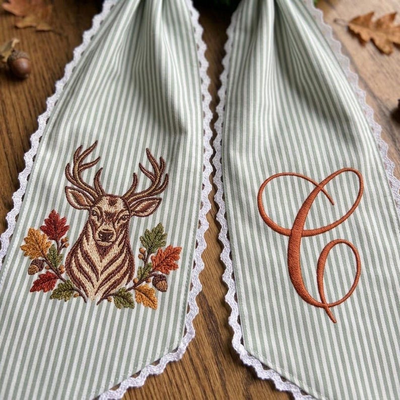 Custom Monogram Fall Wreath Sash, Embroidered Deer Autumn Door Decor, Woodland Ribbon Bow Tail, Thanksgiving Porch Decor