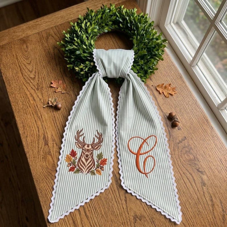 Custom Monogram Fall Wreath Sash, Embroidered Deer Autumn Door Decor, Woodland Ribbon Bow Tail, Thanksgiving Porch Decor