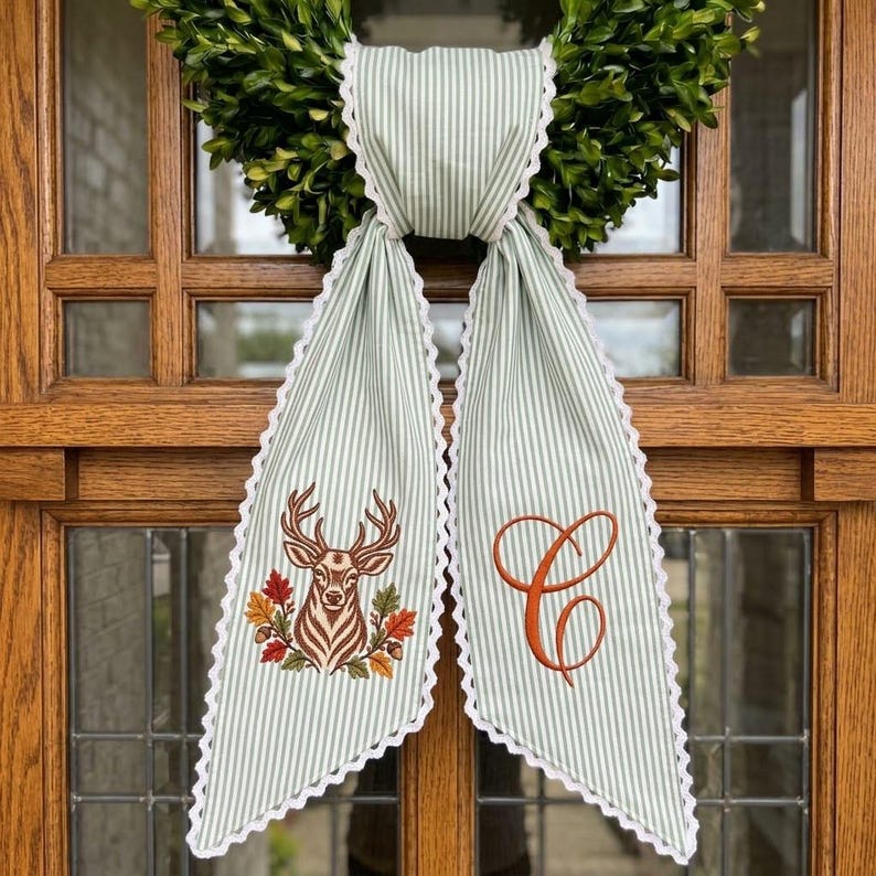 Custom Monogram Fall Wreath Sash, Embroidered Deer Autumn Door Decor, Woodland Ribbon Bow Tail, Thanksgiving Porch Decor