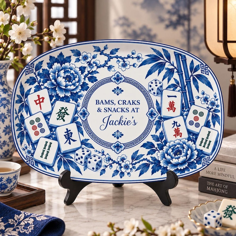 Personalized Mahjong Platter, Custom Chinoiserie Mahjong Dessert Plate, Mahjong Serving Tray, Mahjong Hostess Gift