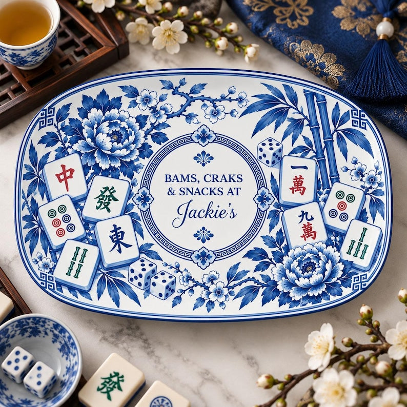 Personalized Mahjong Platter, Custom Chinoiserie Mahjong Dessert Plate, Mahjong Serving Tray, Mahjong Hostess Gift