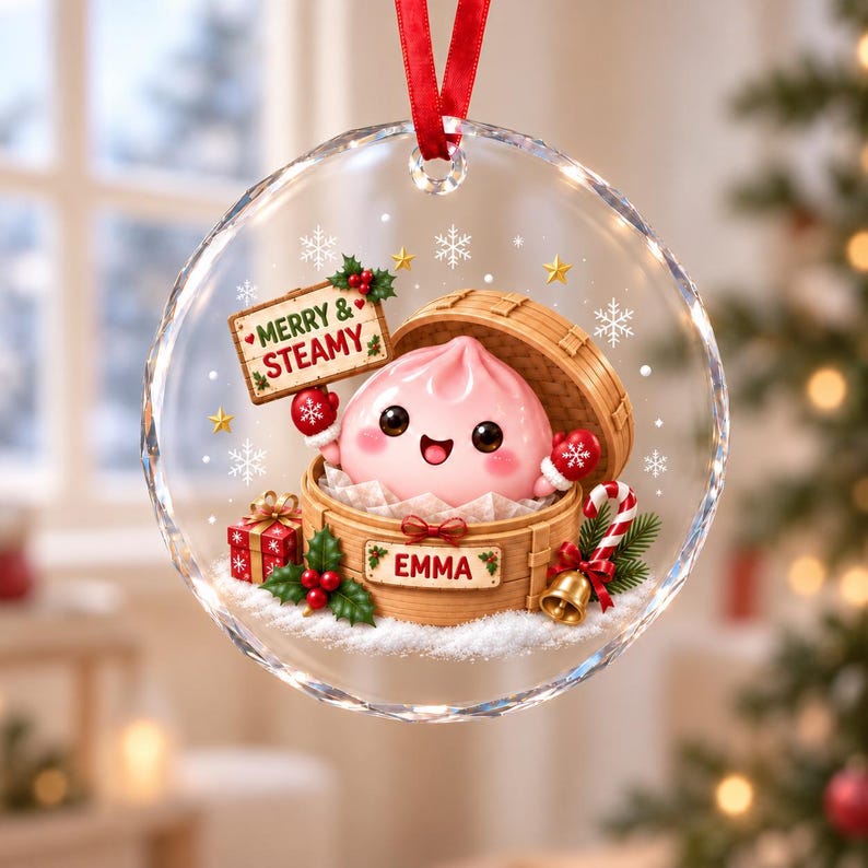 Personalized Merry & Steamy Dumpling Glass Ornament, Custom Cute Steamed Bun Christmas Decor, Holiday Keepsake