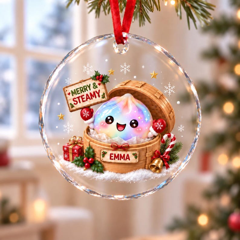 Personalized Merry & Steamy Dumpling Glass Ornament, Custom Cute Steamed Bun Christmas Decor, Holiday Keepsake