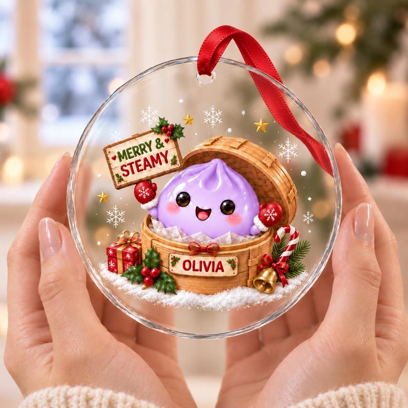 Personalized Merry & Steamy Dumpling Glass Ornament, Custom Cute Steamed Bun Christmas Decor, Holiday Keepsake
