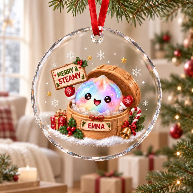 Personalized Merry & Steamy Dumpling Glass Ornament, Custom Cute Steamed Bun Christmas Decor, Holiday Keepsake