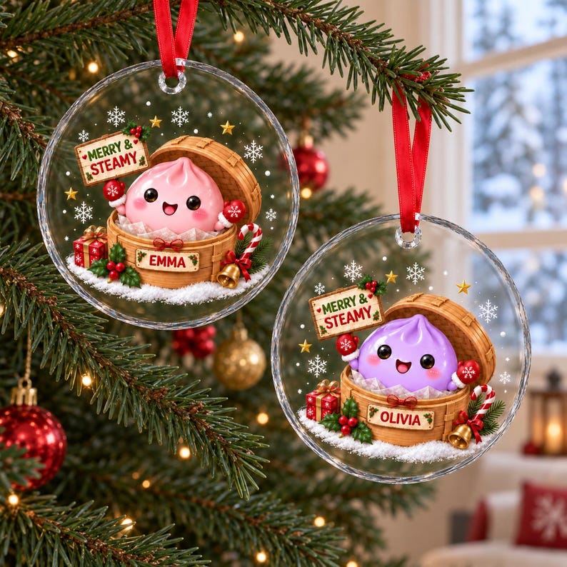 Personalized Merry & Steamy Dumpling Glass Ornament, Custom Cute Steamed Bun Christmas Decor, Holiday Keepsake