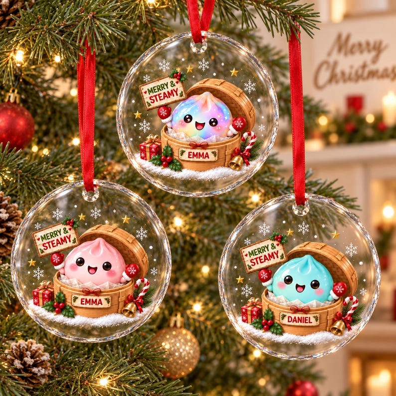 Personalized Merry & Steamy Dumpling Glass Ornament, Custom Cute Steamed Bun Christmas Decor, Holiday Keepsake