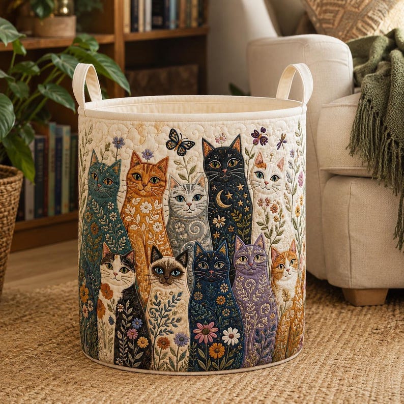 Cat Quilt Laundry Basket, Cute Cat Clothes Hamper, Floral Laundry Basket, Cat Lover Storage Bin, Bedroom Organizer
