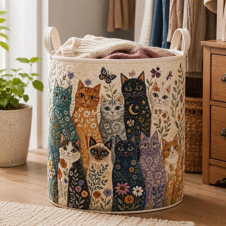 Cat Quilt Laundry Basket, Cute Cat Clothes Hamper, Floral Laundry Basket, Cat Lover Storage Bin, Bedroom Organizer