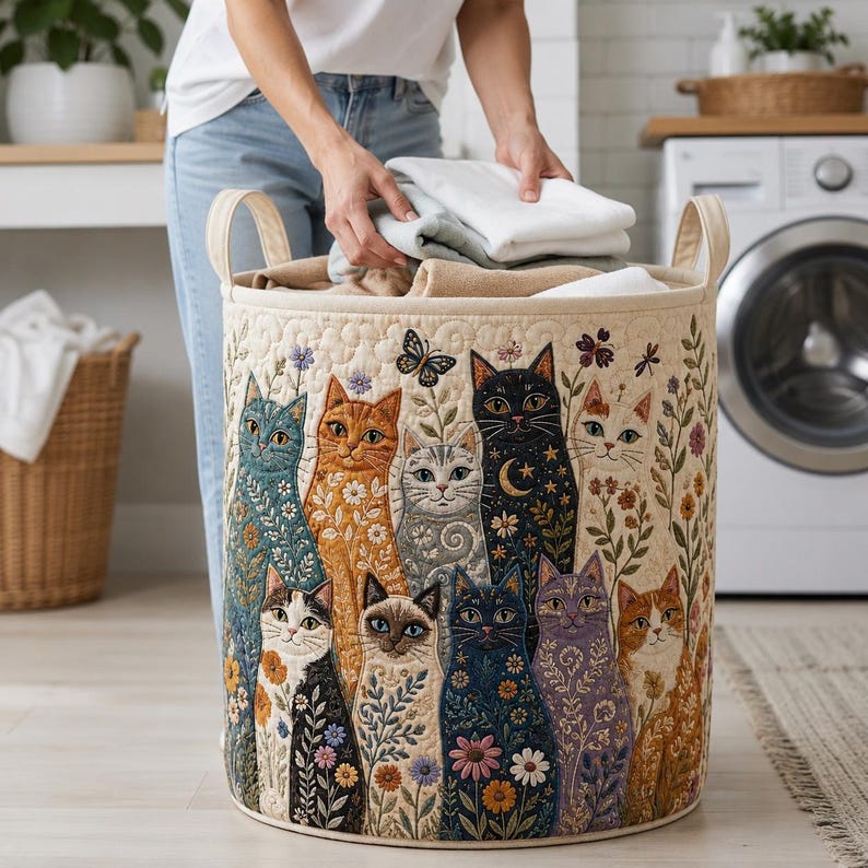 Cat Quilt Laundry Basket, Cute Cat Clothes Hamper, Floral Laundry Basket, Cat Lover Storage Bin, Bedroom Organizer