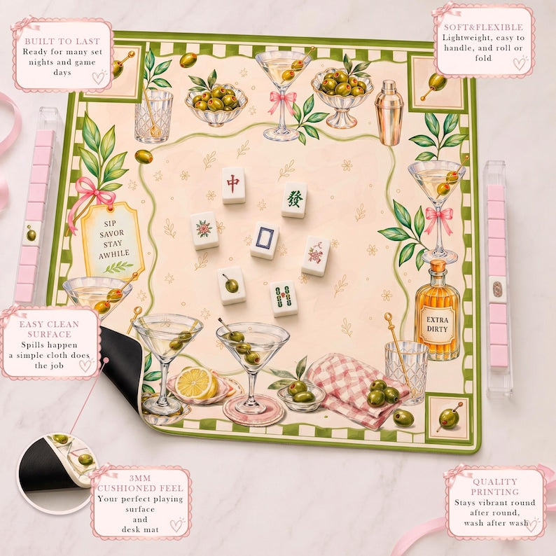 Extra Dirty Martini Mahjong Mat, Non Slip American Mahjong Table Cover, Olive Cocktail Preppy Happy Hour Game Night Gift