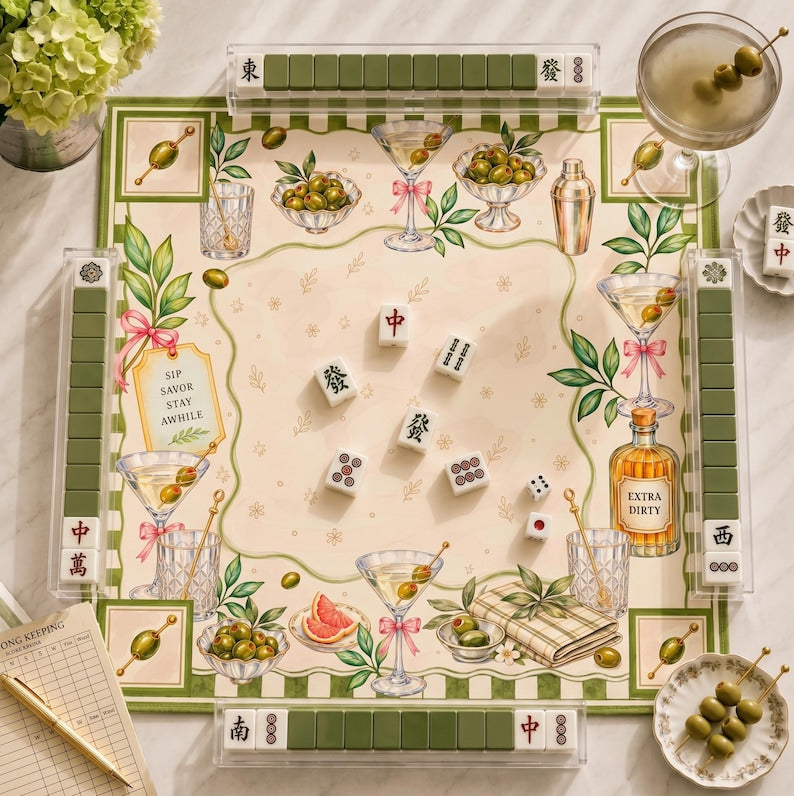 Extra Dirty Martini Mahjong Mat, Non Slip American Mahjong Table Cover, Olive Cocktail Preppy Happy Hour Game Night Gift