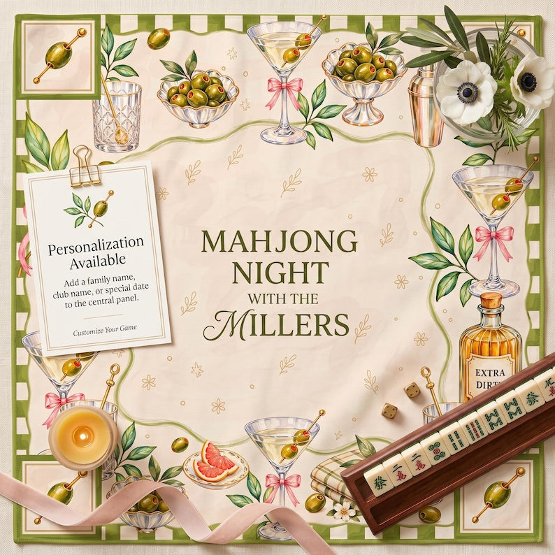 Extra Dirty Martini Mahjong Mat, Non Slip American Mahjong Table Cover, Olive Cocktail Preppy Happy Hour Game Night Gift