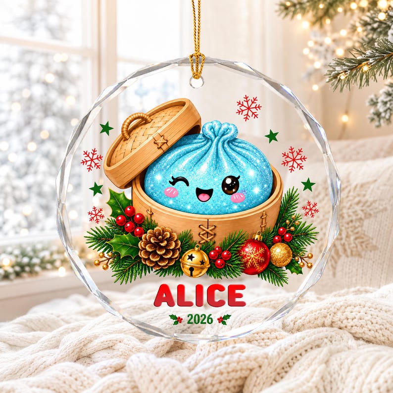 Personalized Glitter Dumpling Ornament, Custom Name Glass Christmas Ornament, Cute Squishy Dumpling Gift for Kids