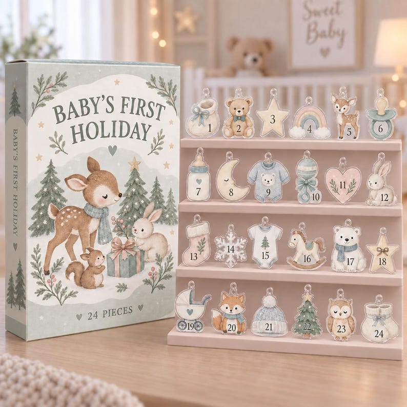 Baby's First Holiday Advent Calendar, 24 Acrylic Hanging Tokens, New Parents Gift, Baby Christmas Keepsake Countdown
