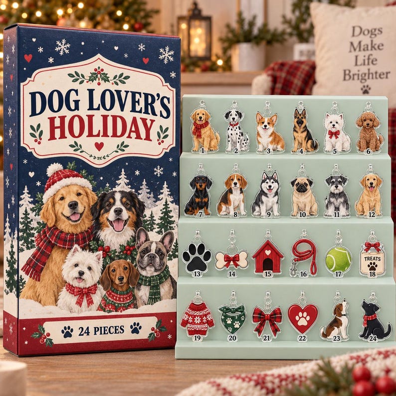 Dog Lover Holiday Advent Calendar, 24 Acrylic Hanging Tokens, Christmas Gift for Pet Lovers