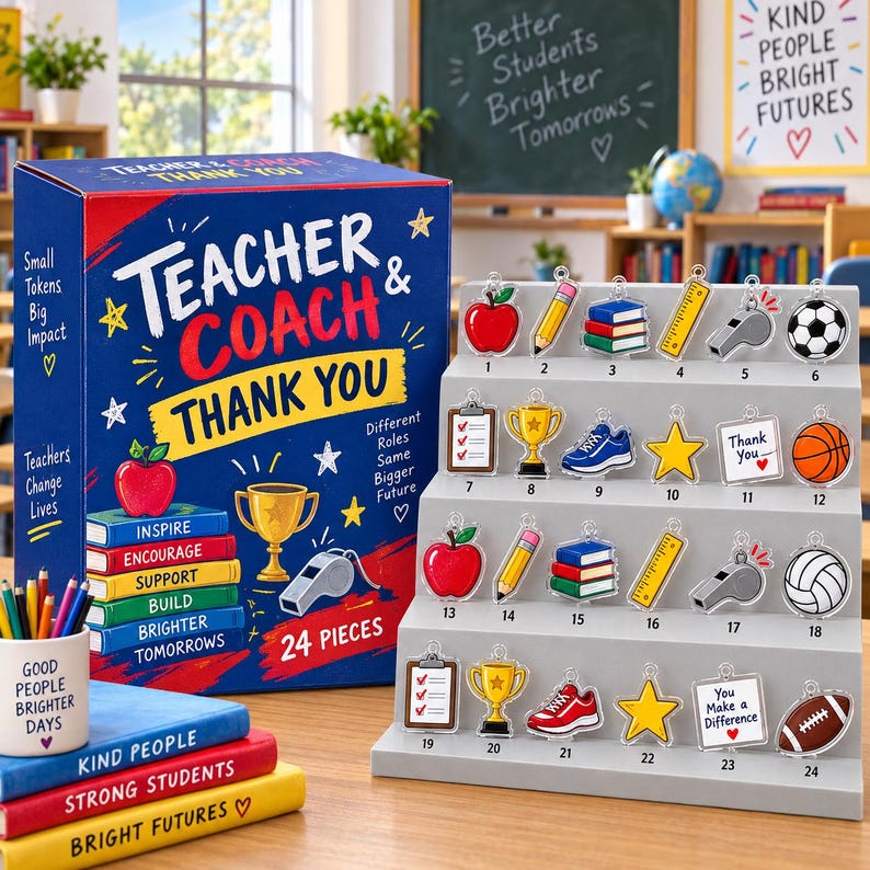 Teacher and Coach Thank You Advent Calendar, 24 Acrylic Tokens, Christmas Appreciation Gift, Classroom Team Countdown