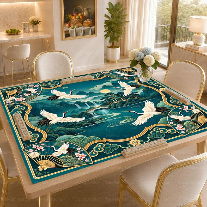 Emerald Crane Chinoiserie Mahjong Mat, Teal Gold Floral Table Cover, American Mahjong Gift