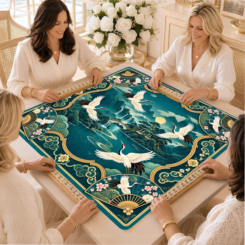 Emerald Crane Chinoiserie Mahjong Mat, Teal Gold Floral Table Cover, American Mahjong Gift