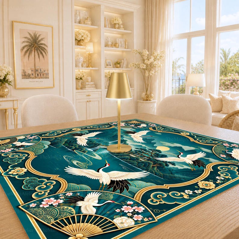 Emerald Crane Chinoiserie Mahjong Mat, Teal Gold Floral Table Cover, American Mahjong Gift