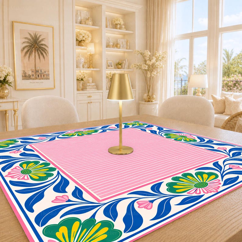 Preppy Retro Floral Mahjong Mat, Pink Blue Mahjong Table Cover, American Mahjong Gift, Non-Slip Table Cover
