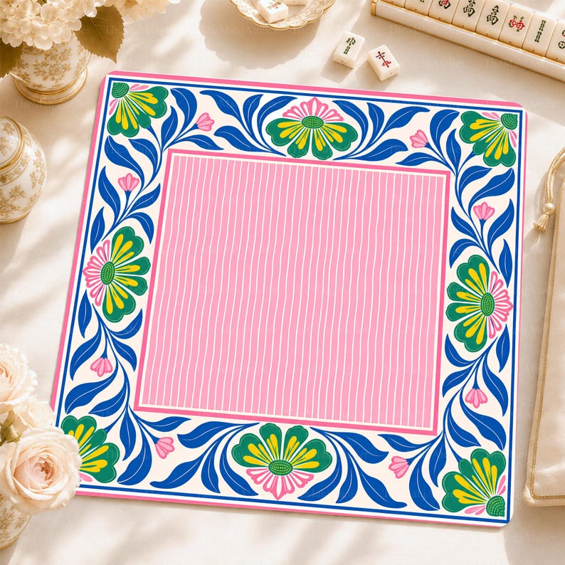 Preppy Retro Floral Mahjong Mat, Pink Blue Mahjong Table Cover, American Mahjong Gift, Non-Slip Table Cover
