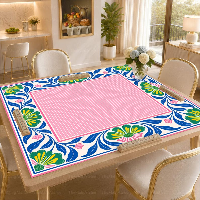 Preppy Retro Floral Mahjong Mat, Pink Blue Mahjong Table Cover, American Mahjong Gift, Non-Slip Table Cover