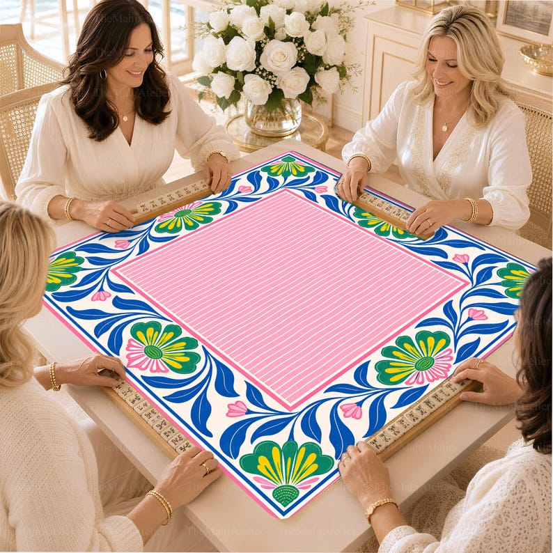 Preppy Retro Floral Mahjong Mat, Pink Blue Mahjong Table Cover, American Mahjong Gift, Non-Slip Table Cover