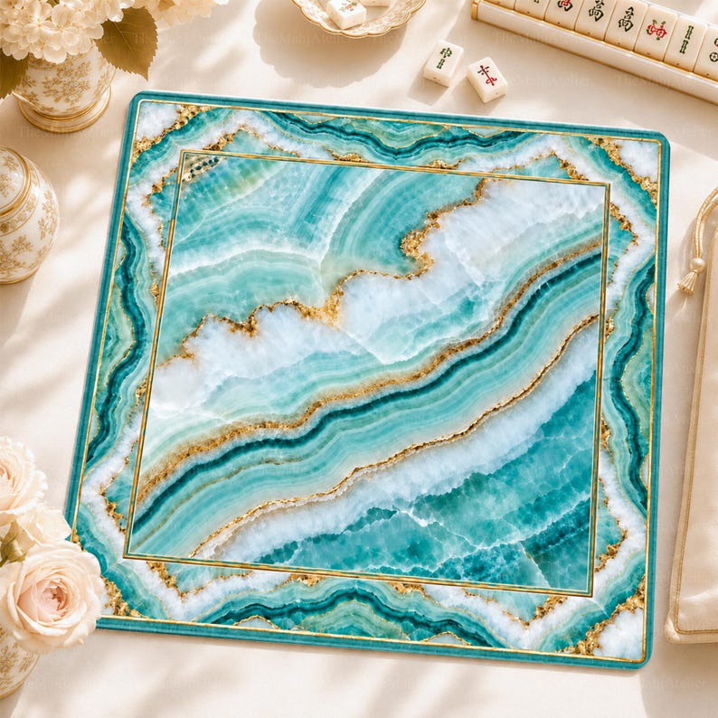 Aqua Agate Mahjong Mat, Teal Gold Marble Mahjong Table Cover, Luxury American Mahjong Gift, Non-Slip Table Cover