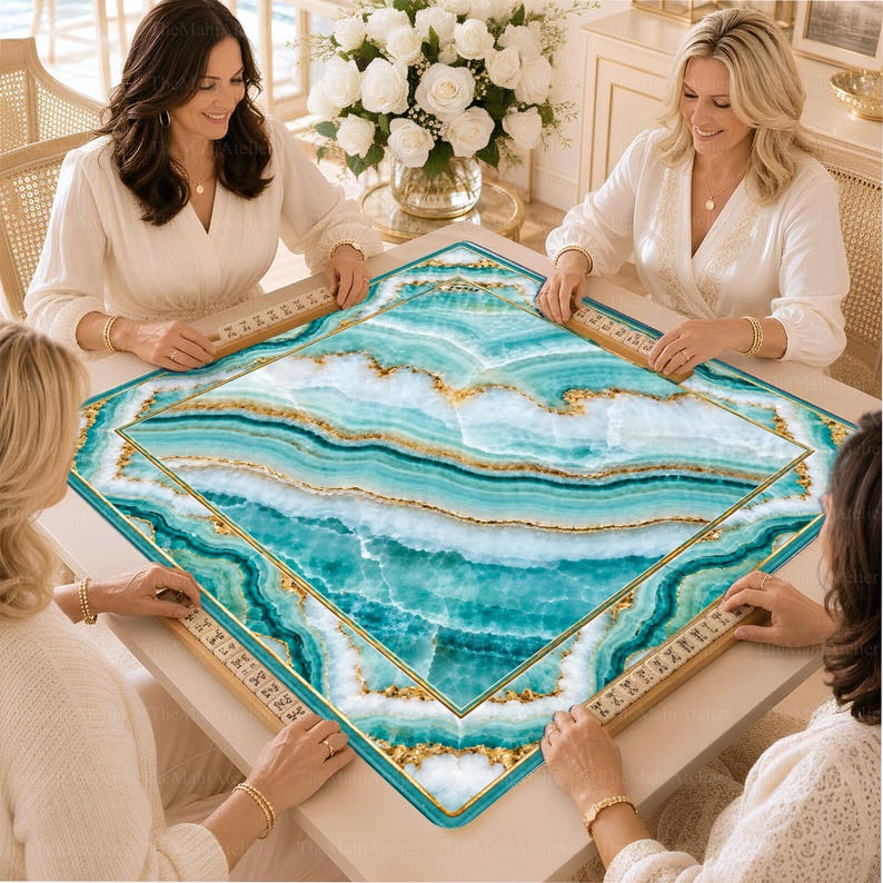 Aqua Agate Mahjong Mat, Teal Gold Marble Mahjong Table Cover, Luxury American Mahjong Gift, Non-Slip Table Cover