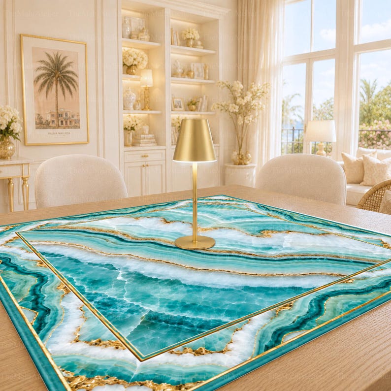 Aqua Agate Mahjong Mat, Teal Gold Marble Mahjong Table Cover, Luxury American Mahjong Gift, Non-Slip Table Cover