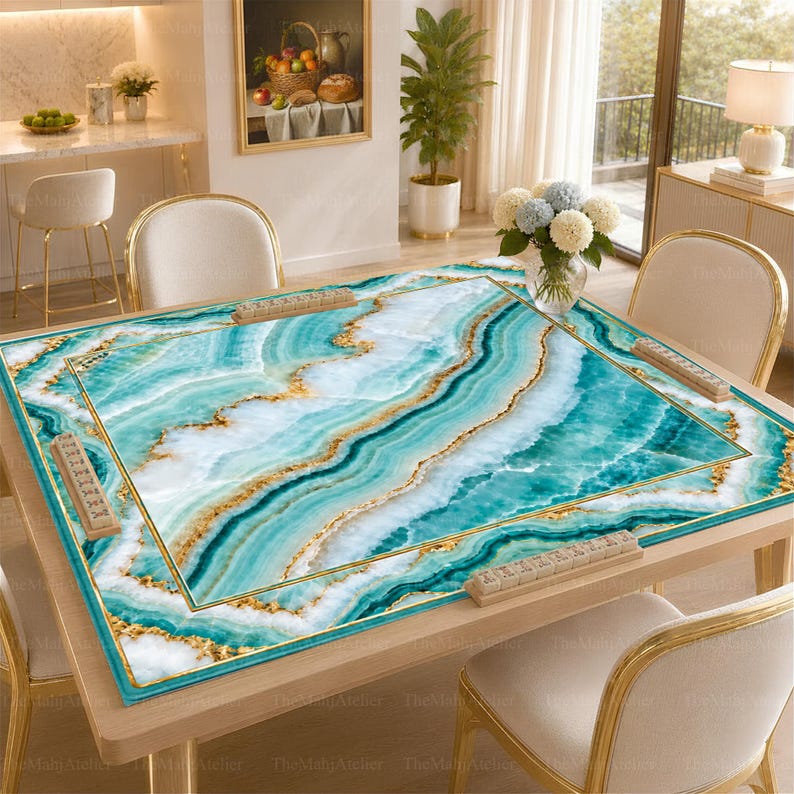 Aqua Agate Mahjong Mat, Teal Gold Marble Mahjong Table Cover, Luxury American Mahjong Gift, Non-Slip Table Cover