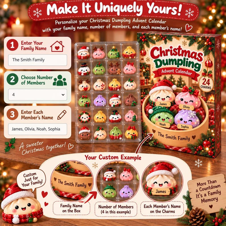 Personalized Christmas Dumpling Advent Calendar, 24 Custom Dumpling Charms, Family Countdown Calendar
