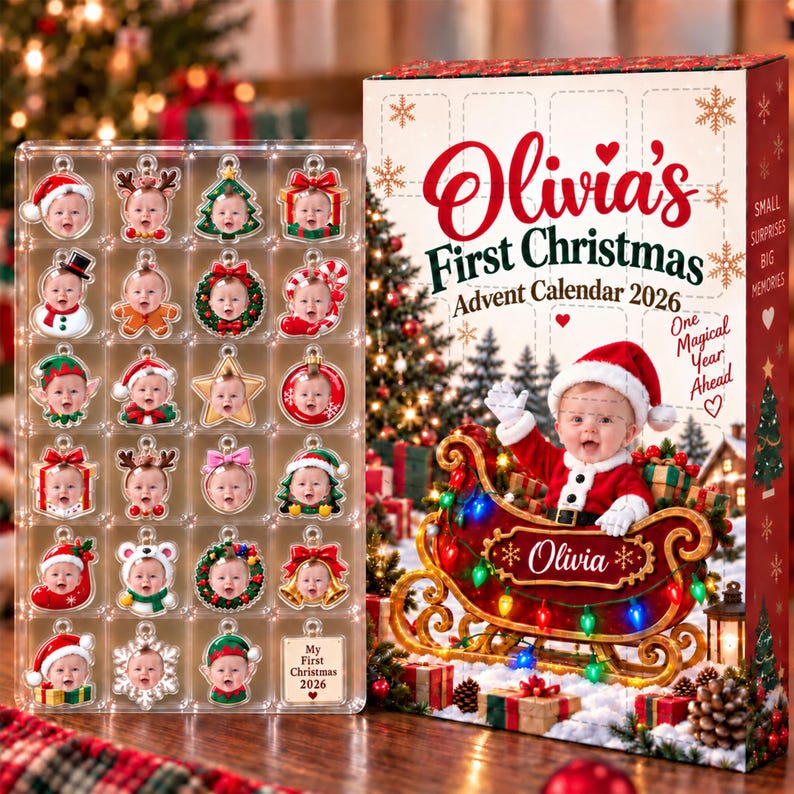 Personalized Baby First Christmas Advent Calendar, Custom Face Photo & Name Ornaments