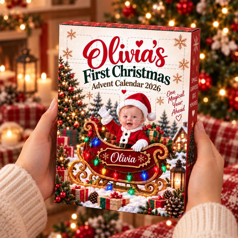 Personalized Baby First Christmas Advent Calendar, Custom Face Photo & Name Ornaments