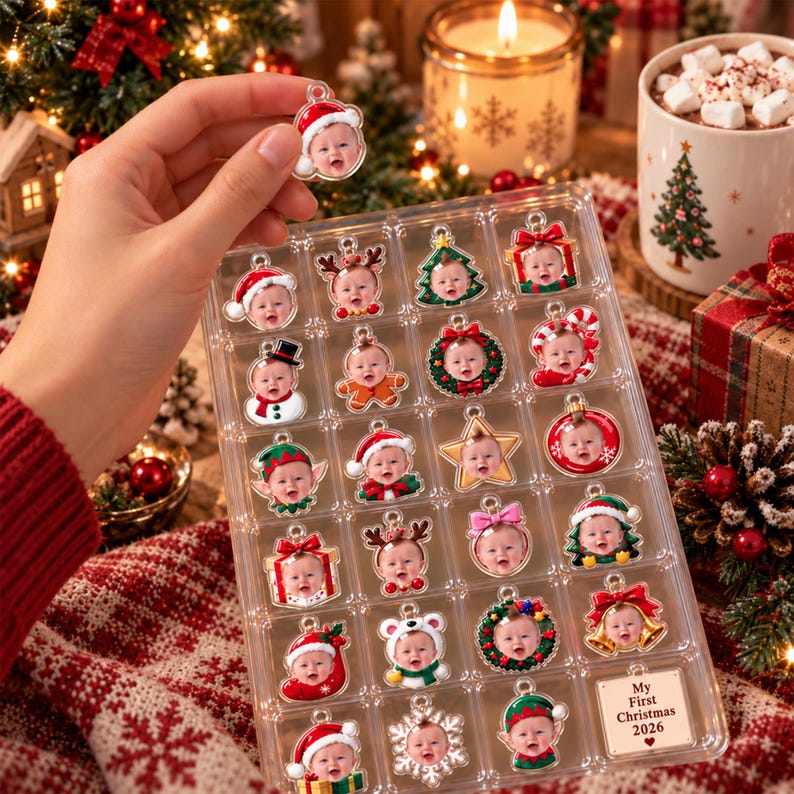Personalized Baby First Christmas Advent Calendar, Custom Face Photo & Name Ornaments