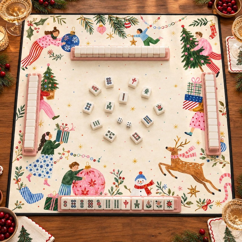 Christmas Mahjong Mat, Whimsical Holiday Mah Jongg Table Mat, Colorful Winter Game Night Decor, Mahjong Gift