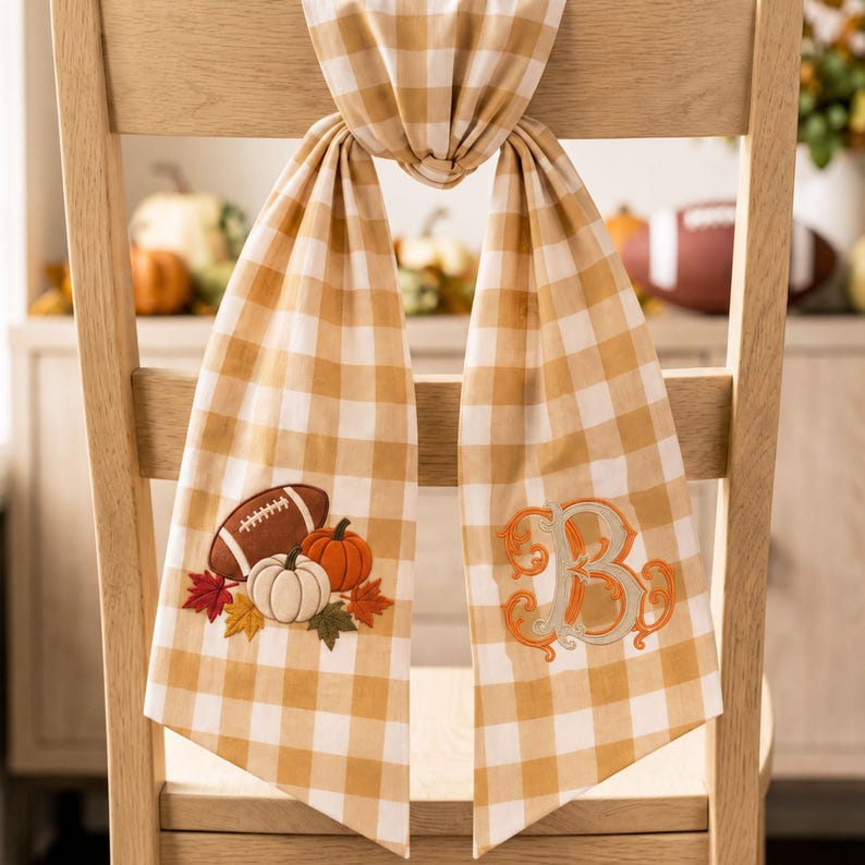 Personalized Football Pumpkin Monogram Door Bow, Embroidered Fall Kick Off Wreath Sash, Housewarming Gift