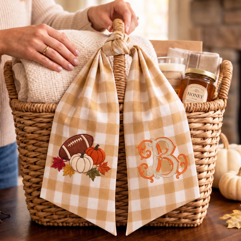 Personalized Football Pumpkin Monogram Door Bow, Embroidered Fall Kick Off Wreath Sash, Housewarming Gift