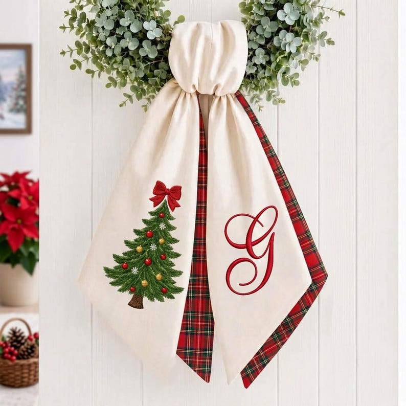 Monogram Christmas Wreath Sash, Embroidered Tree Tartan Plaid Holiday Door Decor, Custom Front Door Bow