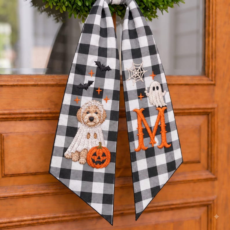 Personalized Auntie Halloween Wreath Sash, Custom Embroidered Pet Portrait from Photo, Monogram Door Bow