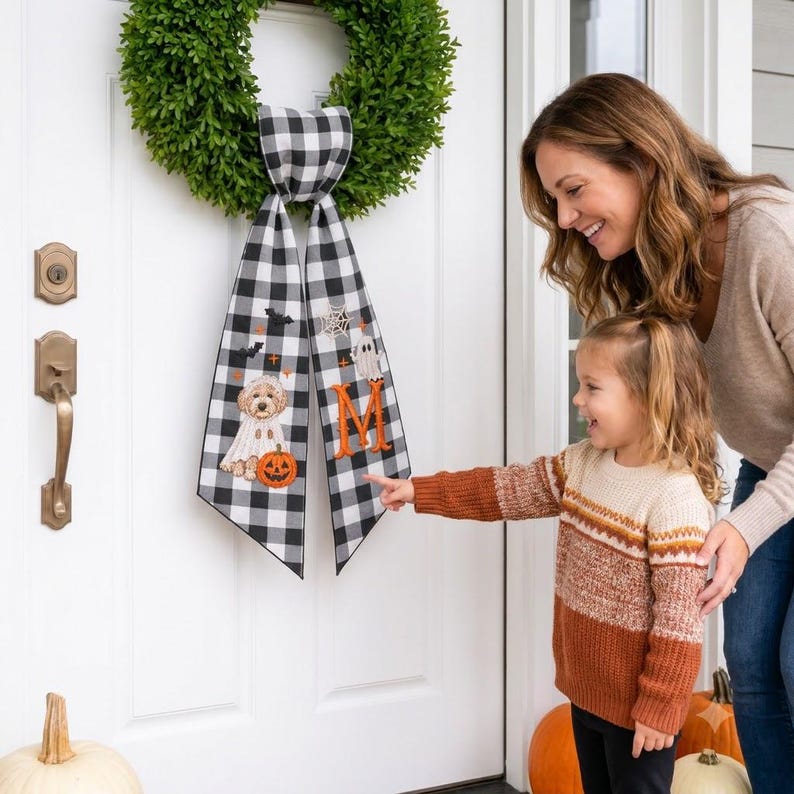 Personalized Auntie Halloween Wreath Sash, Custom Embroidered Pet Portrait from Photo, Monogram Door Bow