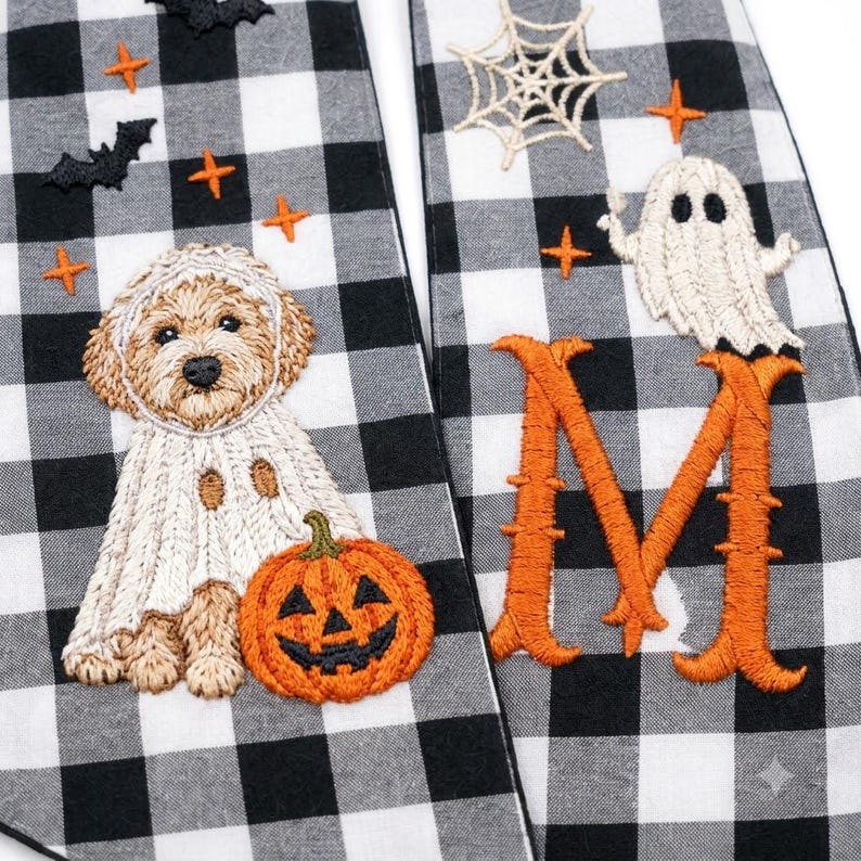 Personalized Auntie Halloween Wreath Sash, Custom Embroidered Pet Portrait from Photo, Monogram Door Bow