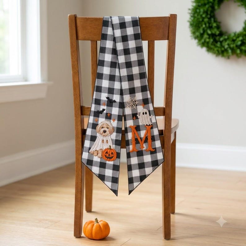 Personalized Auntie Halloween Wreath Sash, Custom Embroidered Pet Portrait from Photo, Monogram Door Bow