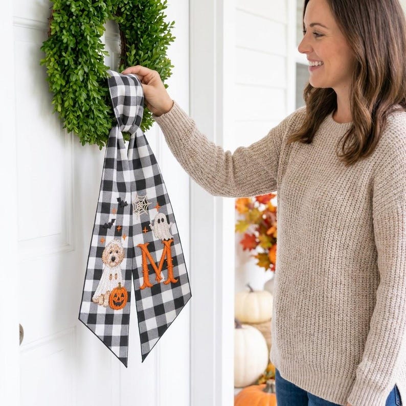 Personalized Auntie Halloween Wreath Sash, Custom Embroidered Pet Portrait from Photo, Monogram Door Bow
